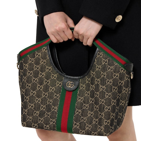 Borsa shopping GG Giglio misura grande in denim GG nero e bianco