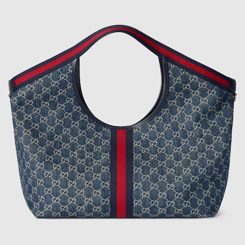 Borsa shopping GG Giglio misura piccola in denim GG blu e bianco