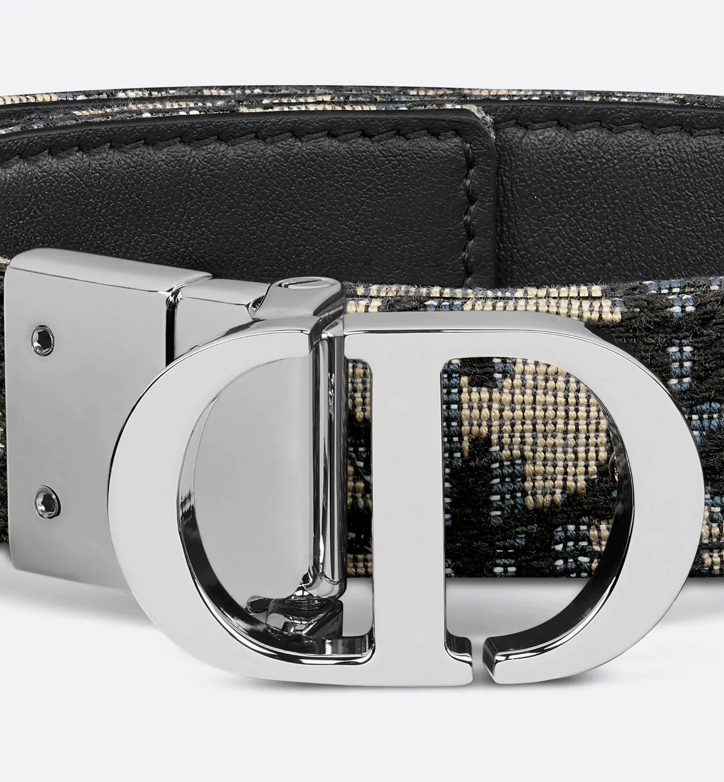 30 Cintura reversibile Montaigne in pelle di vitello liscia blu e jacquard Oblique in fibbia argento 20 mm donna