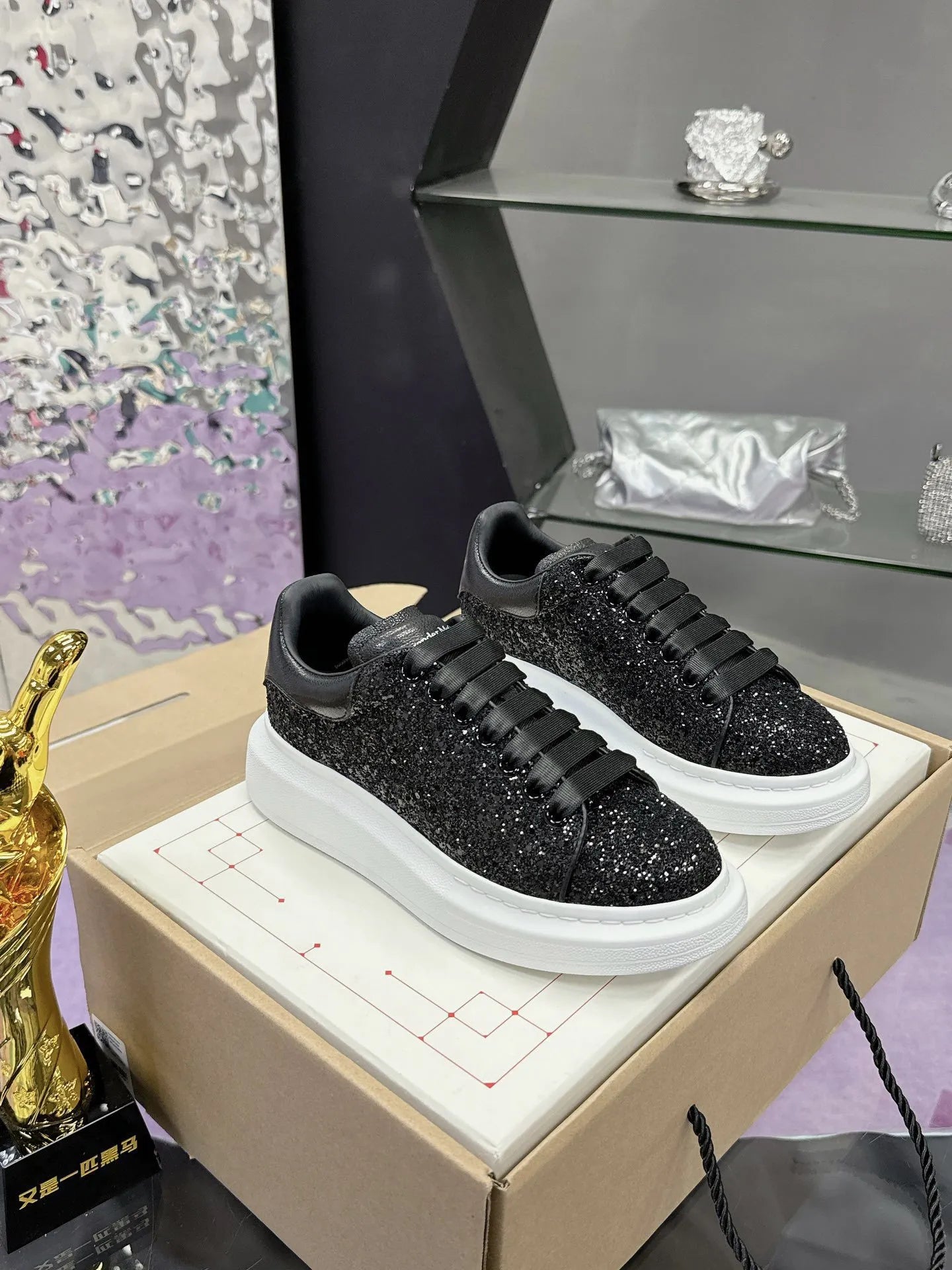 Alexander McQueen Black Glitter Oversized Sneakers