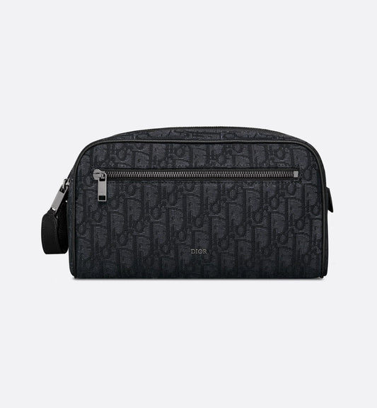 Borsa da toilette Beige e nero Jacquard Oblique con pelle di vitello martellata nera