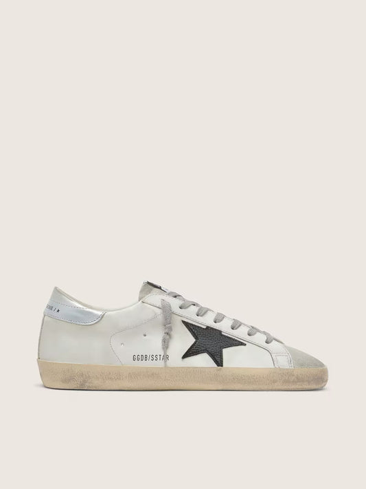 Pelle bianca con stella in pelle nabuk nera e talloncino in pelle laminata argento