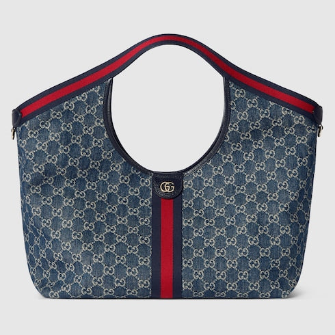Borsa shopping GG Giglio misura piccola in denim GG blu e bianco