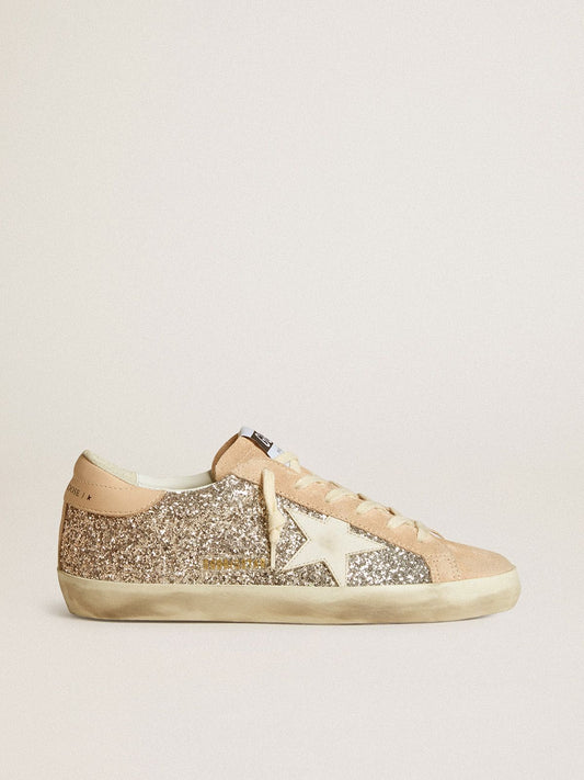 Glitter argento con stella e talloncino in pelle