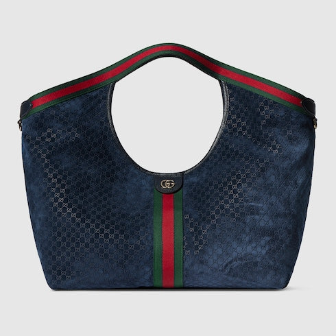 Borsa shopping GG Giglio misura grande in pelle scamosciata blu scuro