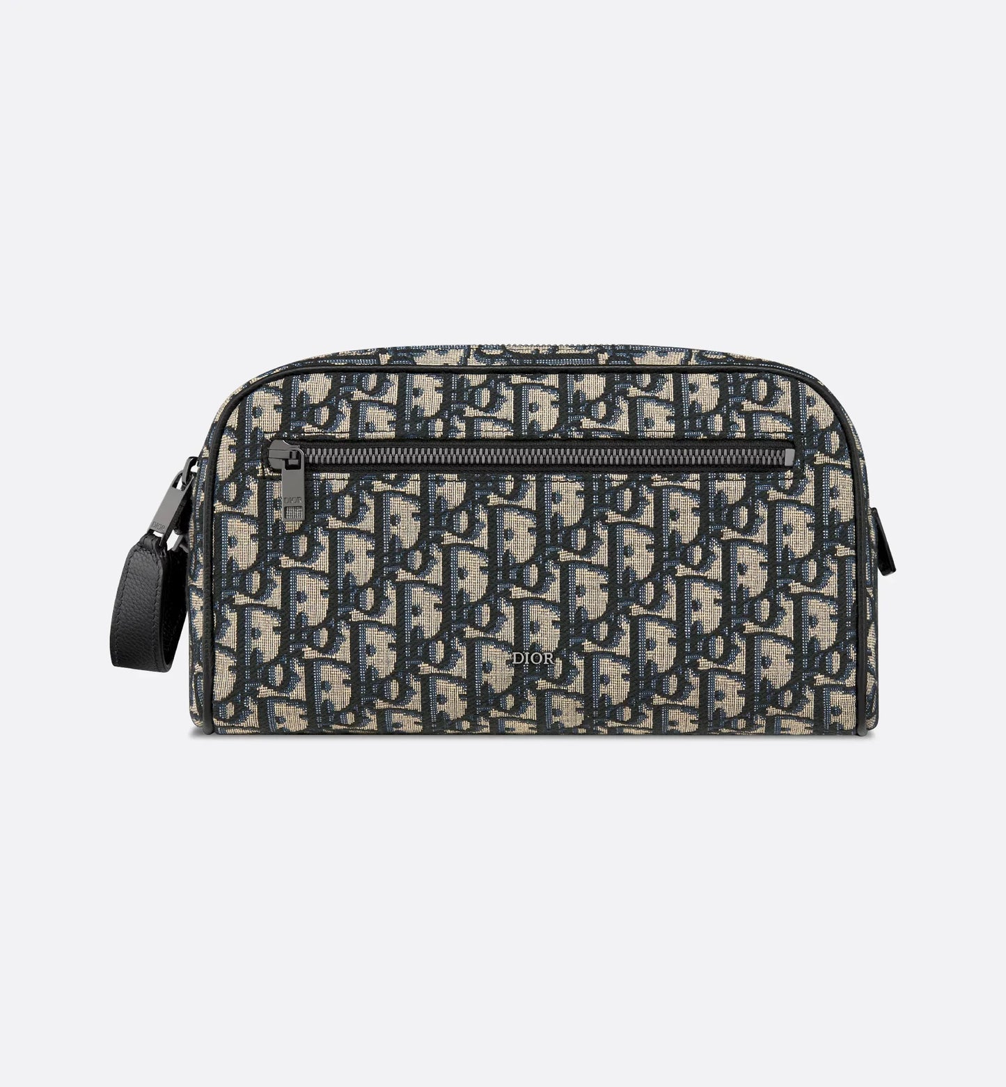 Borsa da toilette Beige e nero Jacquard Oblique con pelle di vitello martellata nera