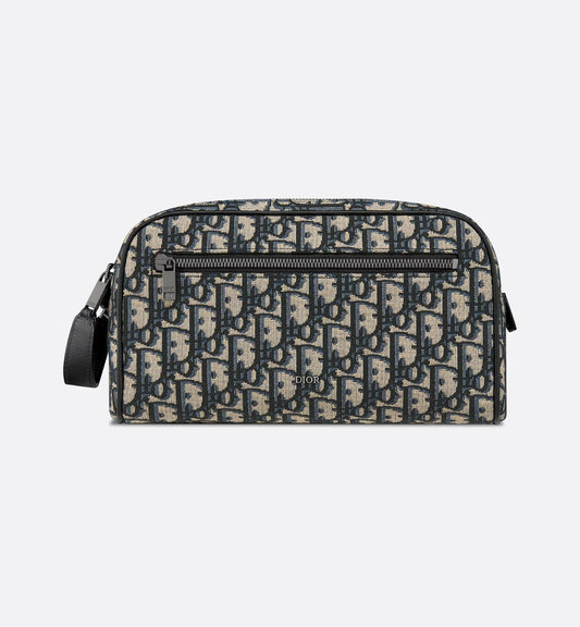 Borsa da toilette Beige e nero Jacquard Oblique con pelle di vitello martellata nera