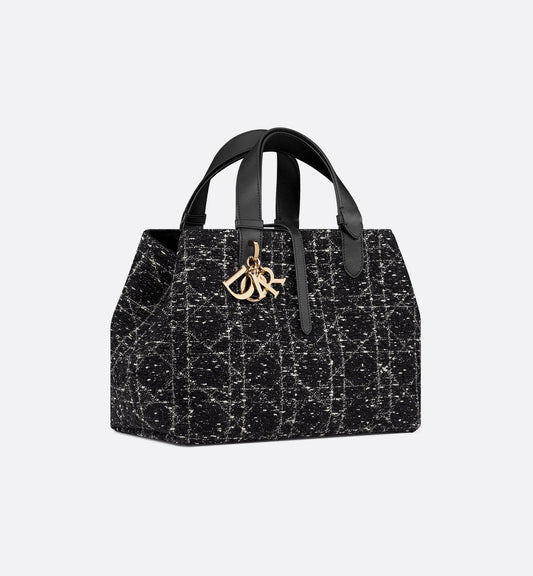 Borsa Media Toujours Tweed Nero con Motivo Cannage Bianco