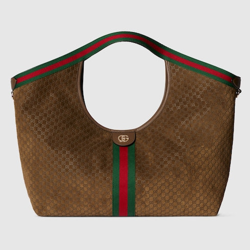 Borsa shopping GG Giglio misura piccola in pelle scamosciata marrone