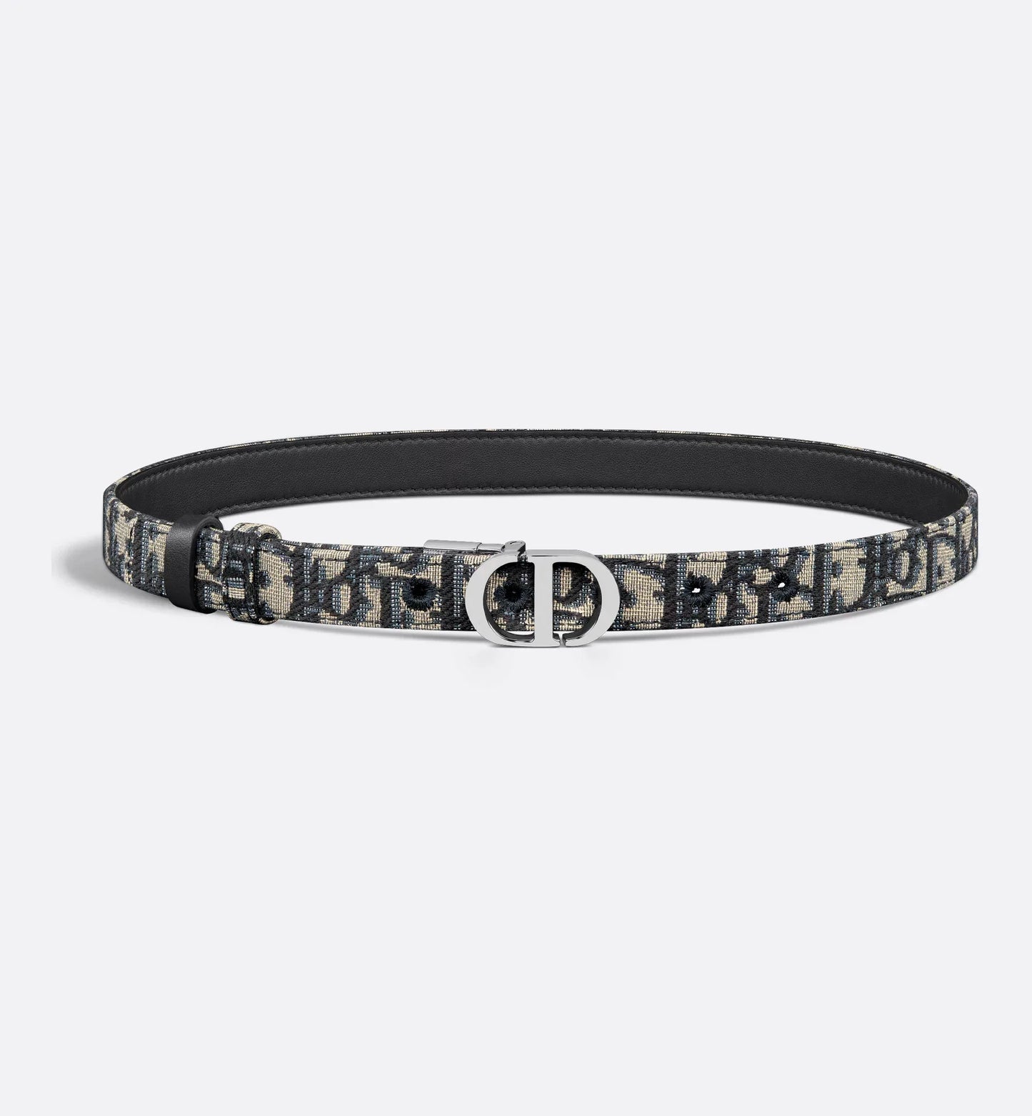 30 Cintura reversibile Montaigne in pelle di vitello liscia blu e jacquard Oblique in fibbia argento 20 mm donna
