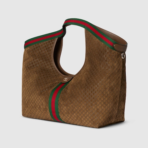 Borsa shopping GG Giglio misura grande in pelle scamosciata marrone