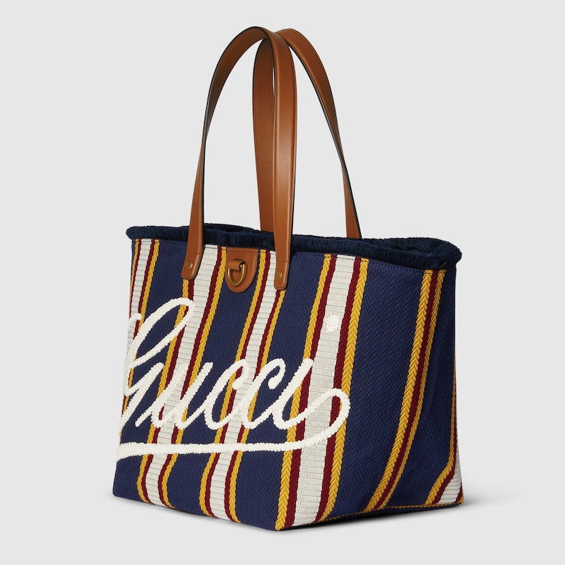 Borsa Shopping in Tessuto Ricamato Blu Scuro Misura Media
