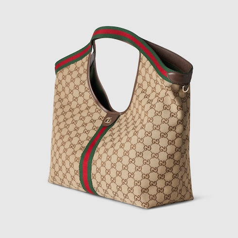 Borsa shopping GG Giglio misura grande in tessuto GG beige e marrone