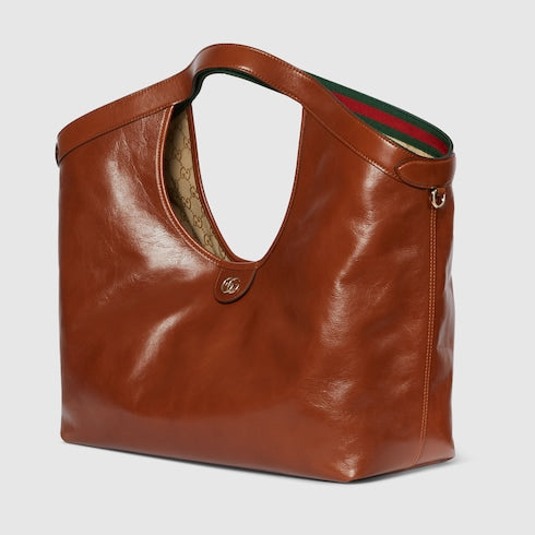 Borsa shopping GG Giglio misura piccola in pelle marrone scuro