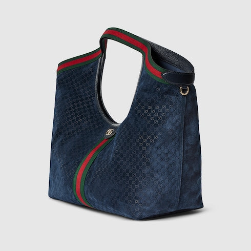 Borsa shopping GG Giglio misura piccola in pelle scamosciata blu scuro