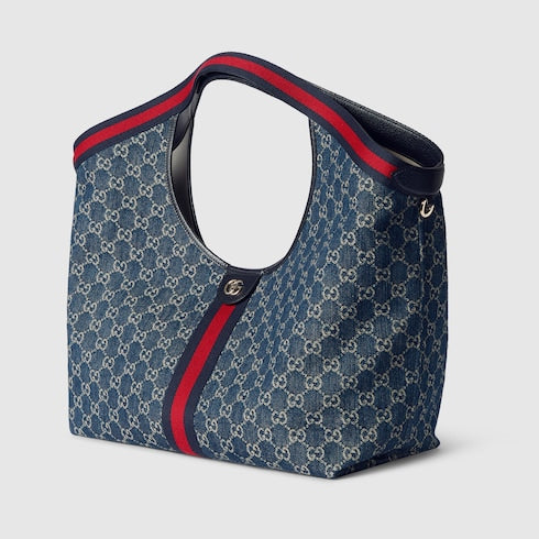 Borsa shopping GG Giglio misura piccola in denim GG blu e bianco