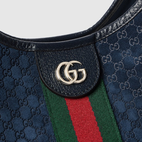 Borsa shopping GG Giglio misura grande in pelle scamosciata blu scuro