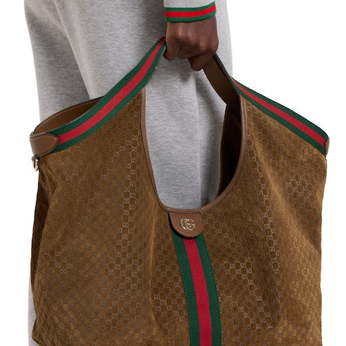Borsa shopping GG Giglio misura grande in pelle scamosciata marrone