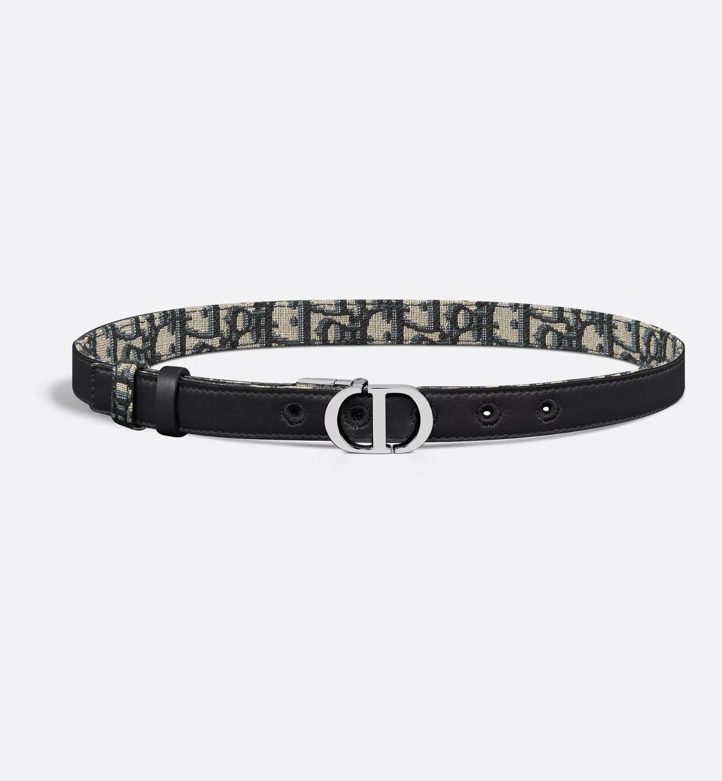 30 Cintura reversibile Montaigne in pelle di vitello liscia blu e jacquard Oblique in fibbia argento 20 mm donna