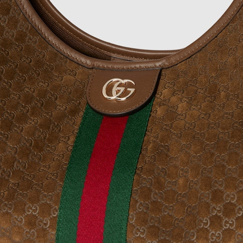 Borsa shopping GG Giglio misura piccola in pelle scamosciata marrone