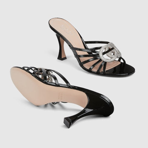 Sandalo con tacco slider donna Incrocio GG con cristalli in pelle argento
