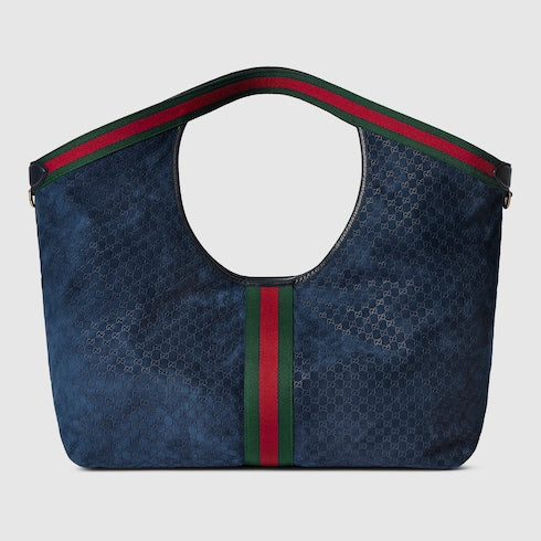 Borsa shopping GG Giglio misura piccola in pelle scamosciata blu scuro