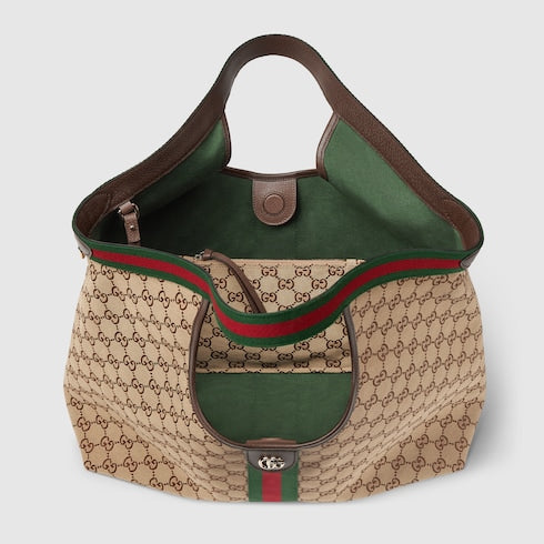 Borsa shopping GG Giglio misura grande in tessuto GG beige e marrone