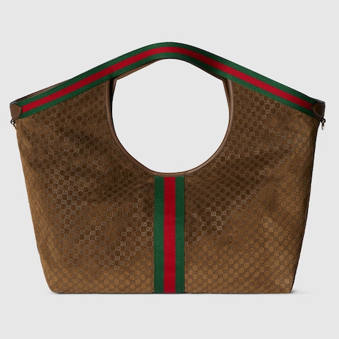 Borsa shopping GG Giglio misura grande in pelle scamosciata marrone