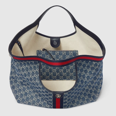 Borsa shopping GG Giglio misura piccola in denim GG blu e bianco