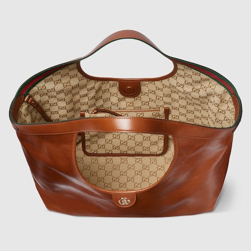 Borsa shopping GG Giglio misura grande in pelle marrone scuro