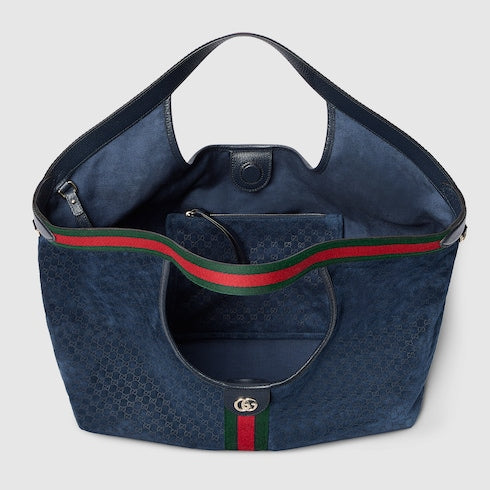 Borsa shopping GG Giglio misura piccola in pelle scamosciata blu scuro
