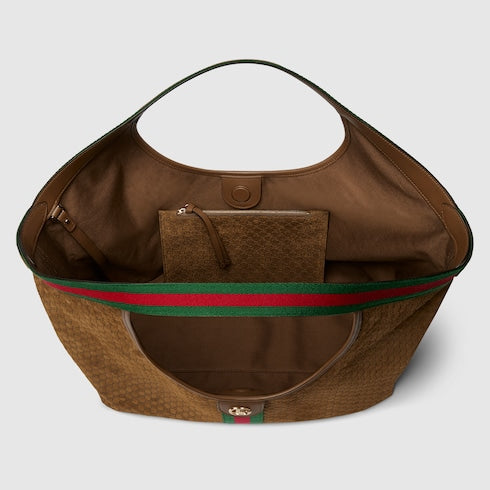 Borsa shopping GG Giglio misura piccola in pelle scamosciata marrone